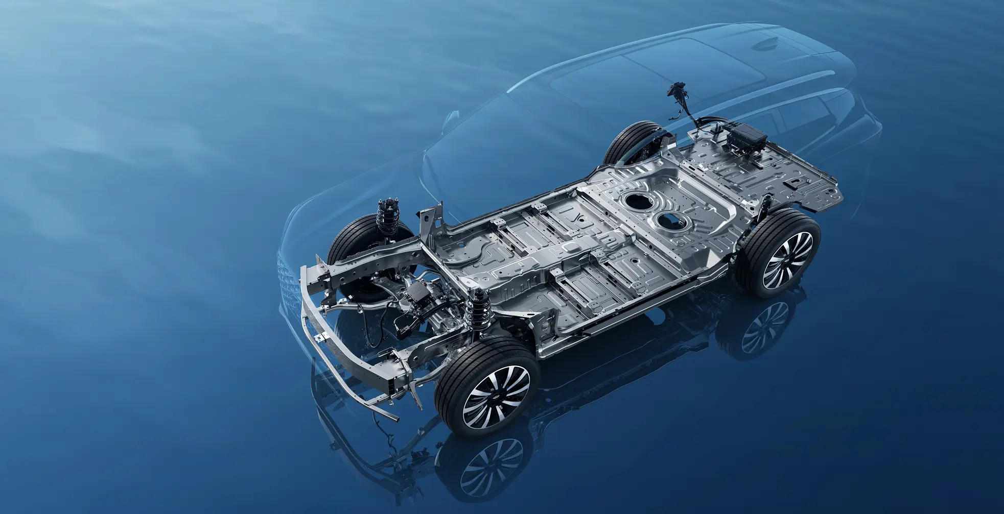 Transparent chassis view of the Chery Tiggo 8 CSH showing the 18.3 kWh hybrid battery and Dedicated Hybrid Transmission (DHT).