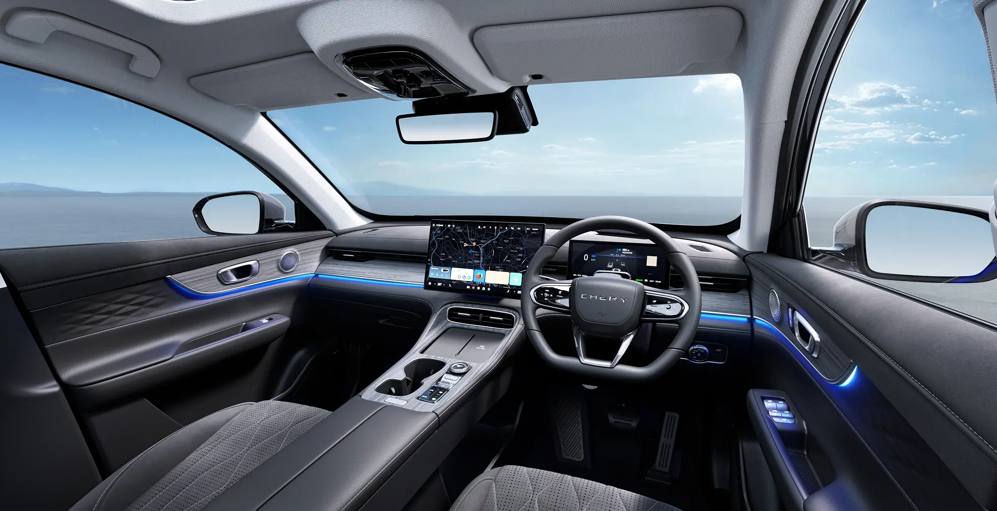 Interior view of the Chery Tiggo 8 CSH cockpit featuring the 15.6-inch ultra-large HD touchscreen and 12-speaker Sony surround sound system.