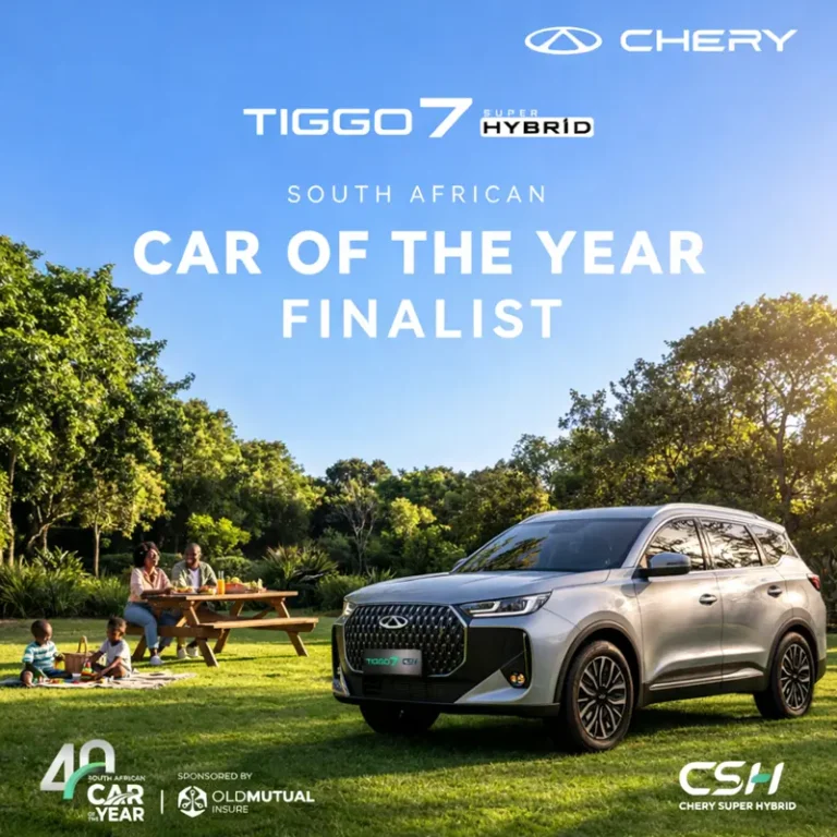 Silver Chery Tiggo 7 Pro PHEV SUV parked on a lawn with a family picnicking, featuring the "South African Car of the Year Finalist" badge and 40th COTY logo, available at Chery Midrand.