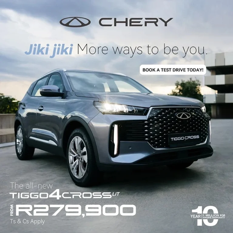 Promotional advertisement for the all-new Chery Tiggo 4 Cross LiT parked outdoors, starting from R279,900, and featuring the 10-year 1-million km engine warranty badge.